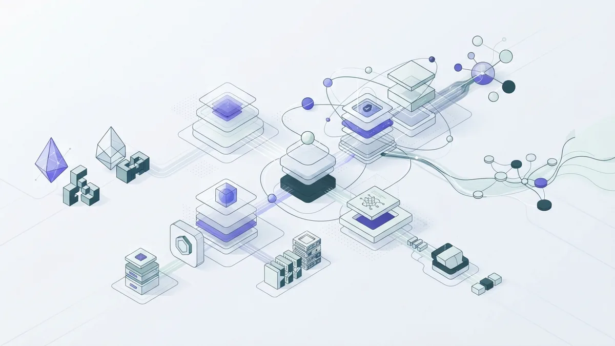 Abstract linked modules represent agentic AI coordinating tasks across several business workflows