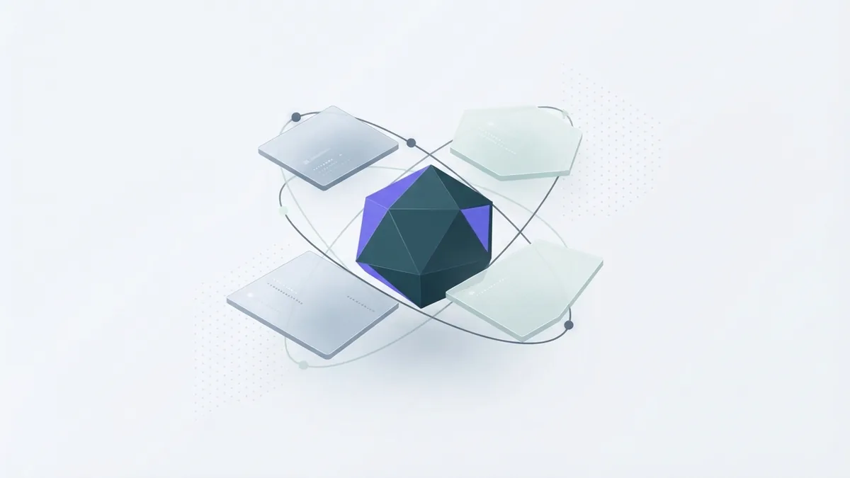Abstract AI agent features shown through connected modules and orbital data paths
