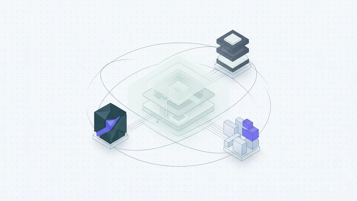 Abstract diagram of three AI agent types linked around a central task hub