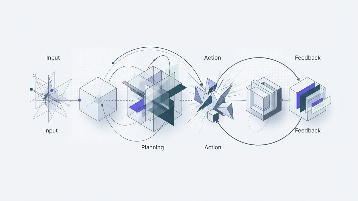 Layered abstract forms show the core parts and connected skills of an AI agent