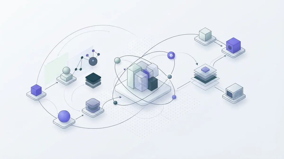 Abstract modular workflow shows how AI agents pass tasks and check results