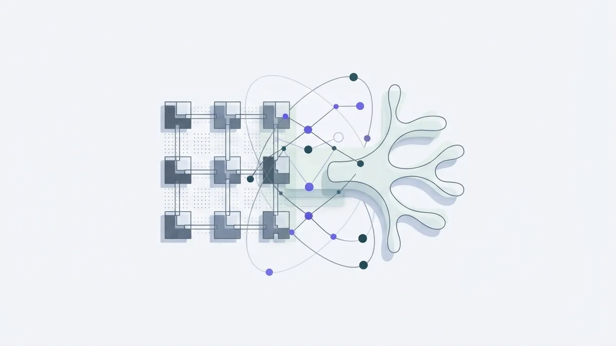 Abstract contrast between fixed AI patterns and open human reasoning paths