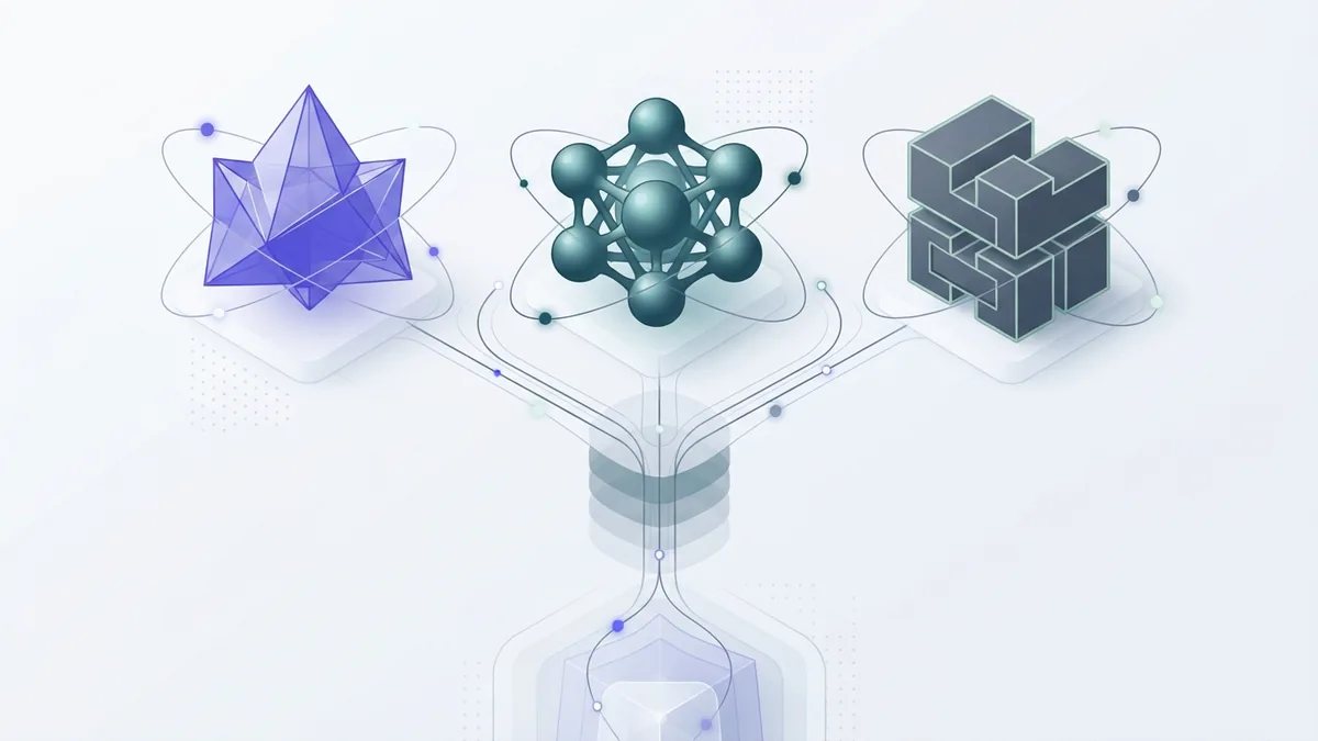 Three ways chatbot systems can work Three abstract chatbot forms linked to a shared response path on a light field