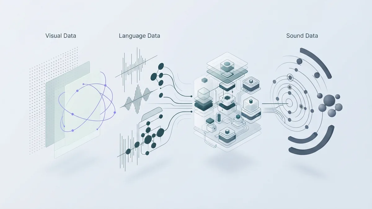 Types of AI data labeling Abstract layers showing varied data forms joining one machine learning model