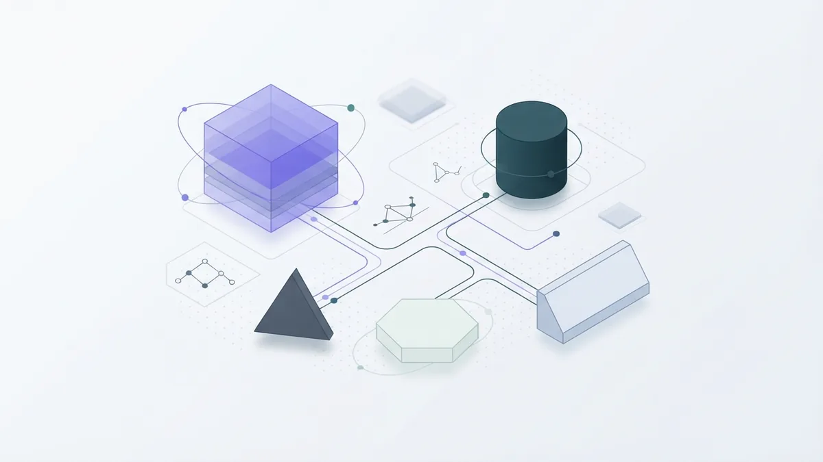 Abstract geometric forms showing different AI model types and data flows