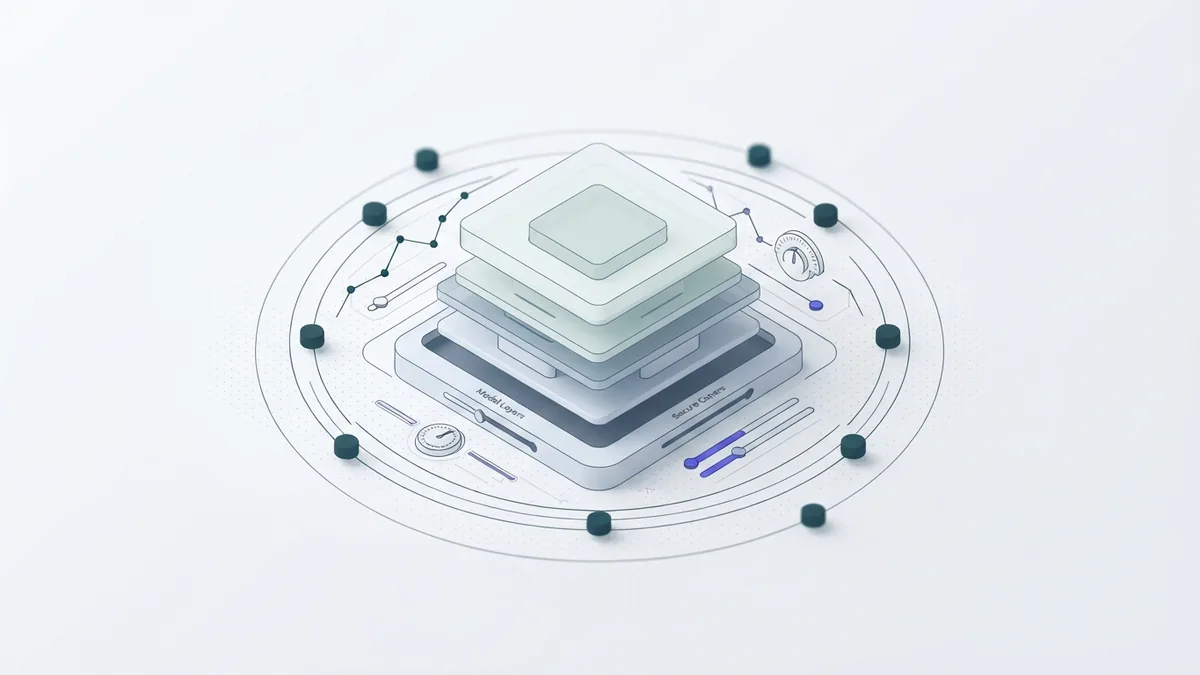 Abstract model layers and settings representing AI parameters and token limits