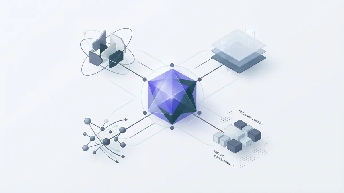 Distinct abstract model forms connect through a shared node on a light background