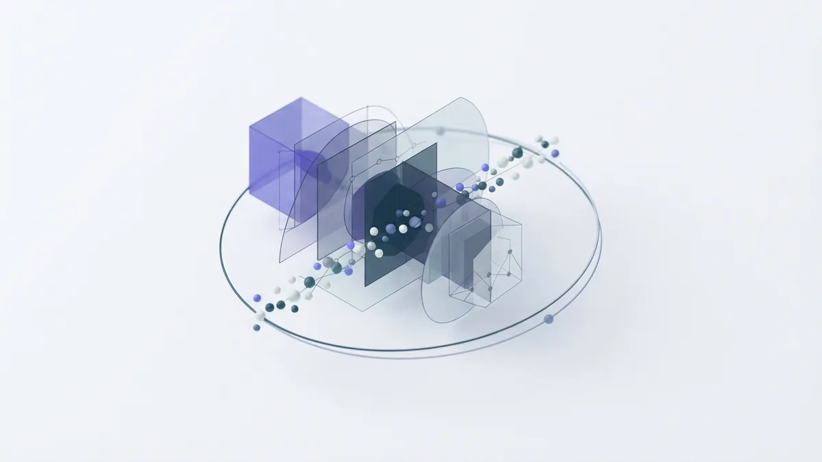 Abstract learning loop with data forms moving through translucent model layers