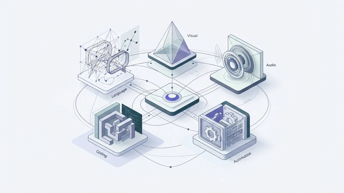 Abstract AI platform categories shown as linked geometric modules and data routes