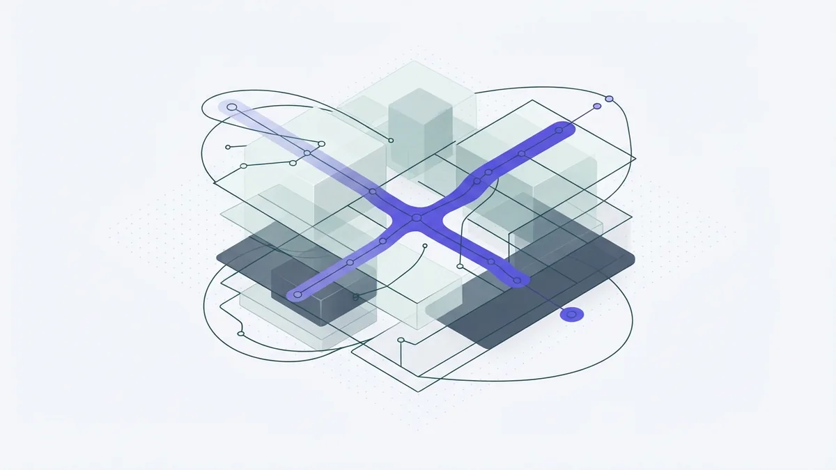 Adaptive AI workflow paths Adaptive AI workflow with branching data paths and modular translucent process blocks