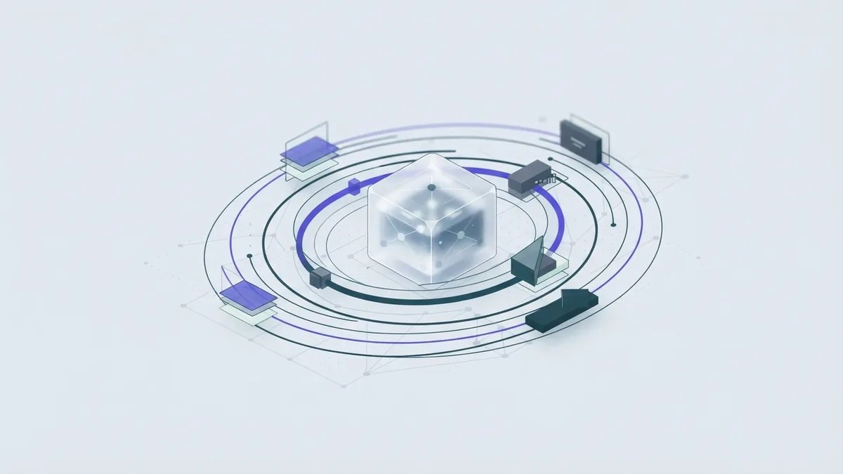 Abstract future automation architecture with model layers, secure container, and orbital data paths