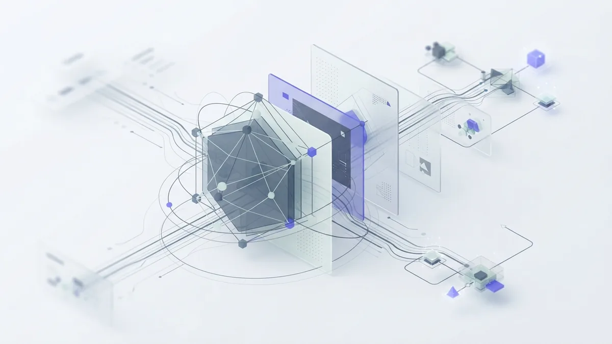 Abstract data streams moving through AI model layers and connected workflow actions