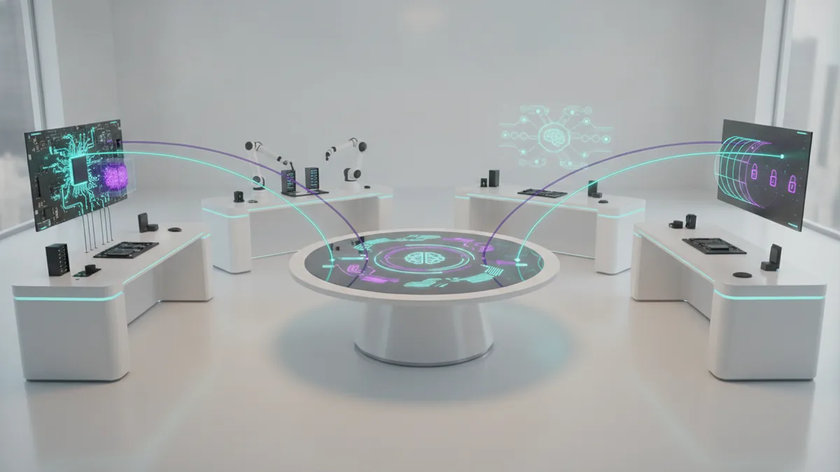 Features of AI coding assistants Abstract comparison of coding tools shown as four connected technology stations