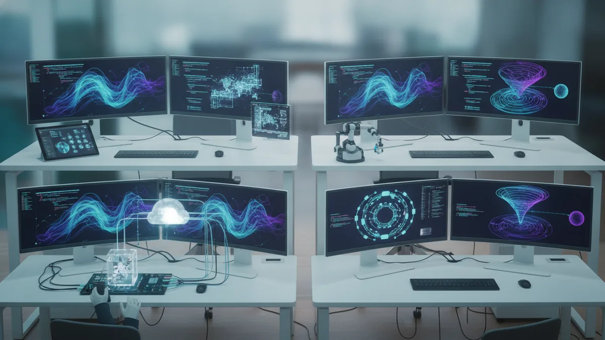 Modern software workspace with multiple connected development environments