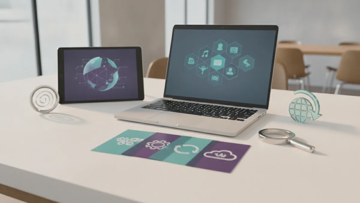 AI tools for websites and small firms Small business technology setup with website, search, and planning symbols