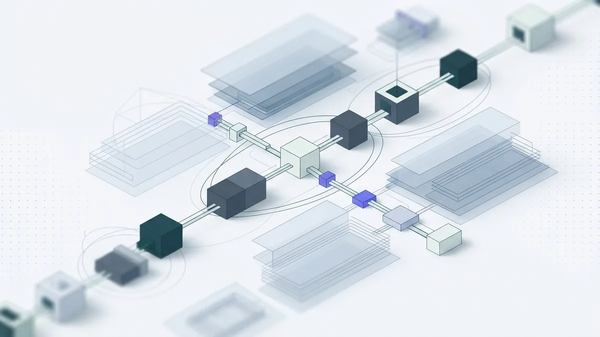 Abstract automation workflow with modular blocks and connected agent tools