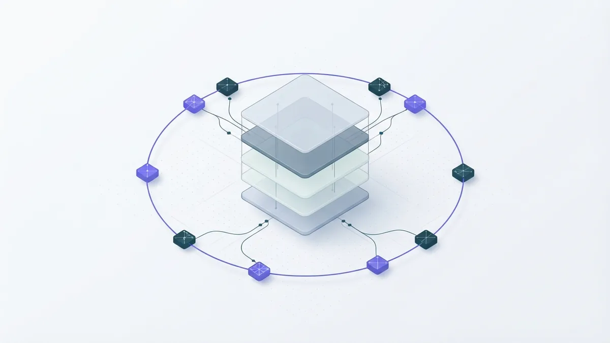 AI agent testing loop Abstract AI testing loop with feedback nodes and layered model forms