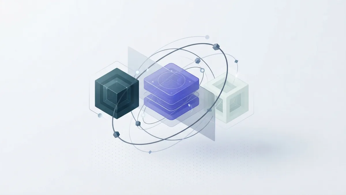AI app building tool choices Abstract geometric modules showing connected AI tools for app building