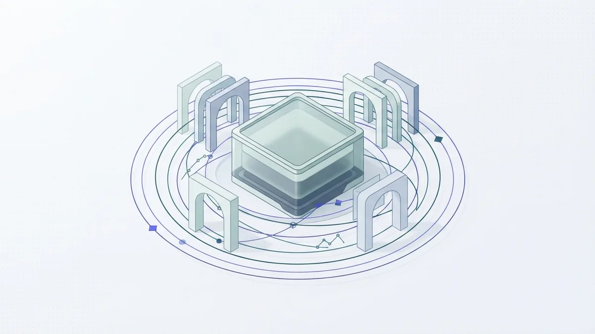 Abstract secure AI workflow with geometric gates, tools, and controlled data paths