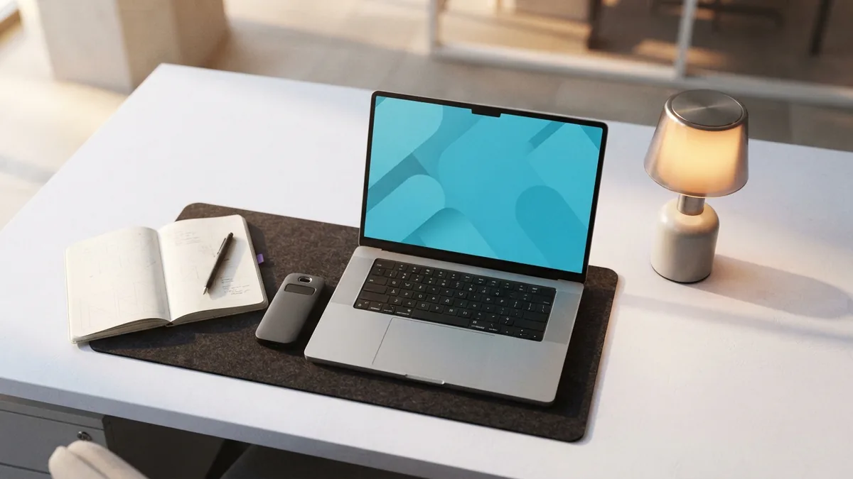 Developer workspace with provider account setup tools arranged beside a laptop