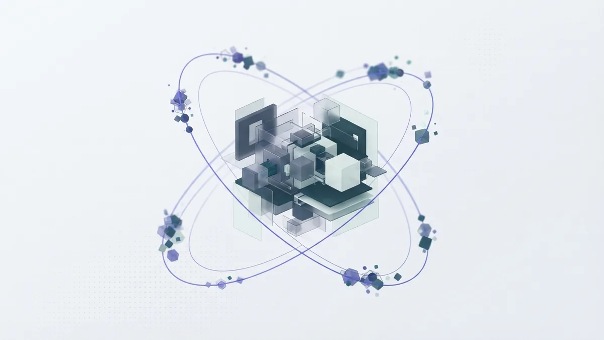 Abstract learning methods shown as orbital paths around a modular AI model core