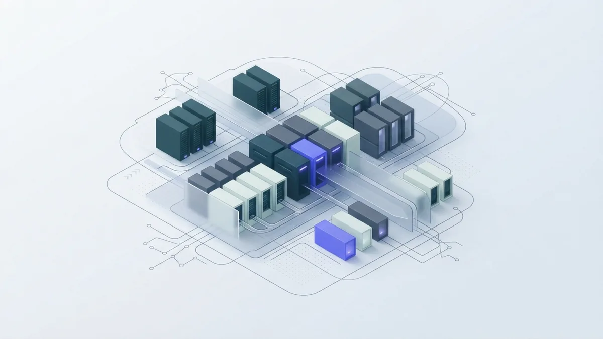 Abstract data center layout with modular racks, cooling channels, and network paths