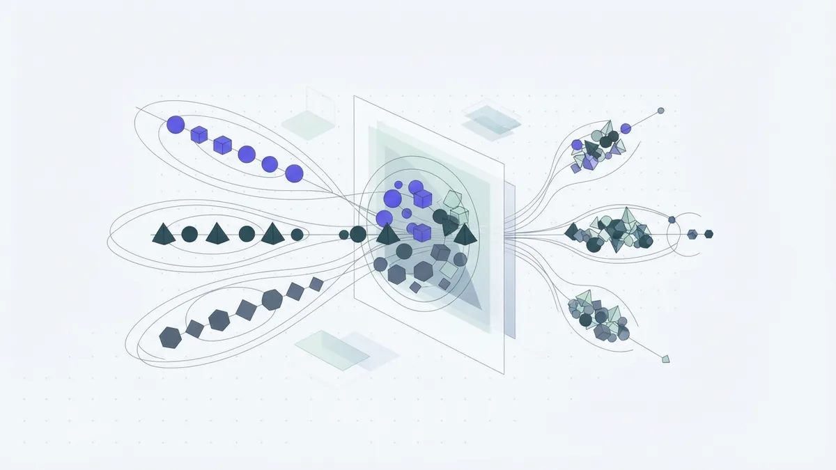 AI prompt flow in abstract geometry Abstract data streams moving through layered planes to show clear AI prompts