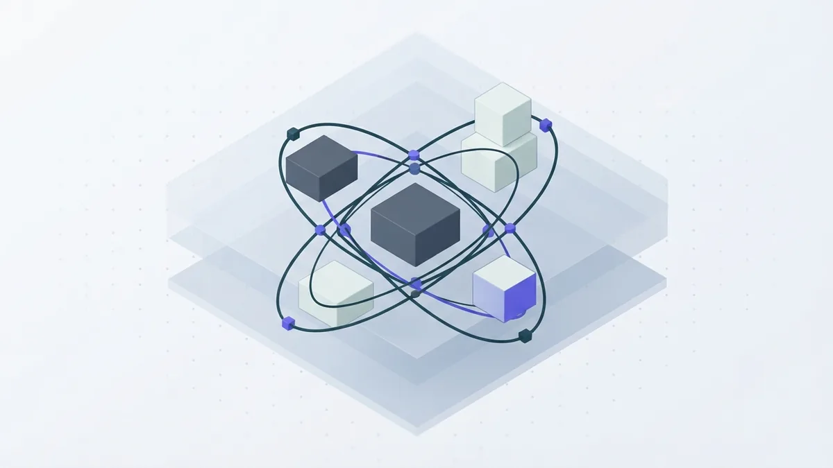 Modular AI tools and model paths Abstract AI tools shown as modular model blocks with linked data paths