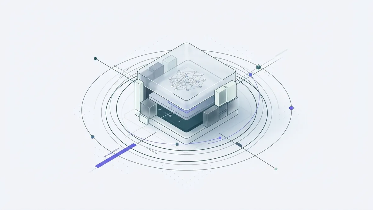 AI security and governance controls Abstract secure AI container with control rings and connected model layers