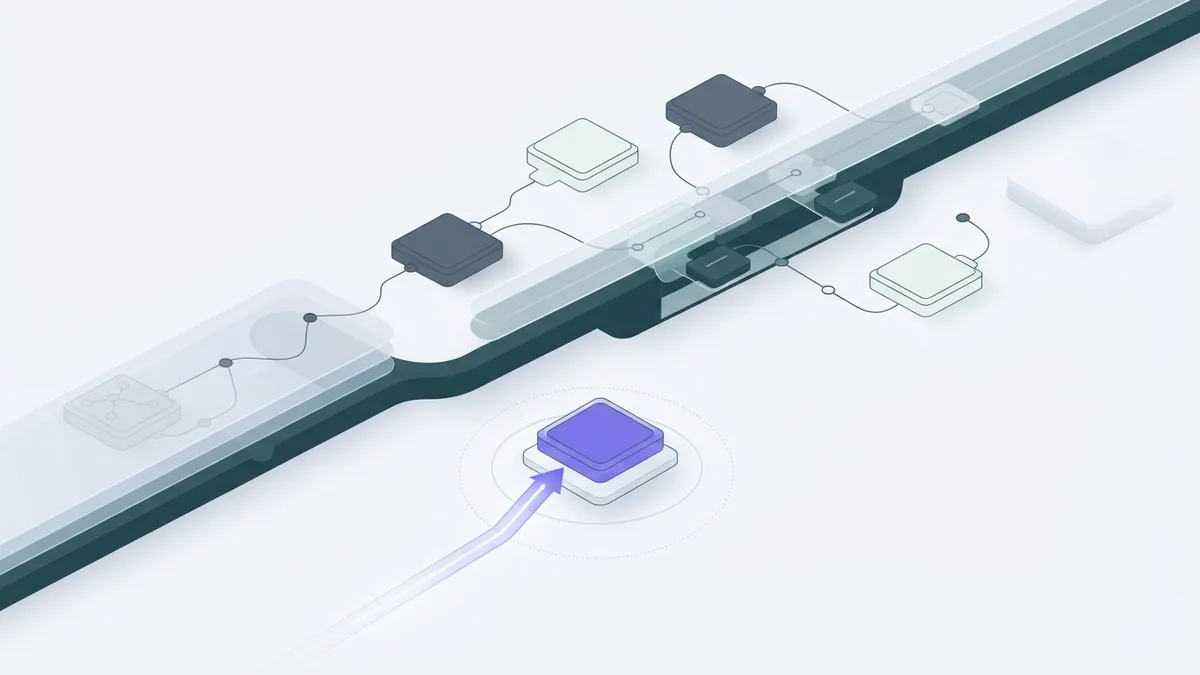 AI connection troubleshooting flow Abstract AI troubleshooting pipeline with aligned nodes and a returning data path