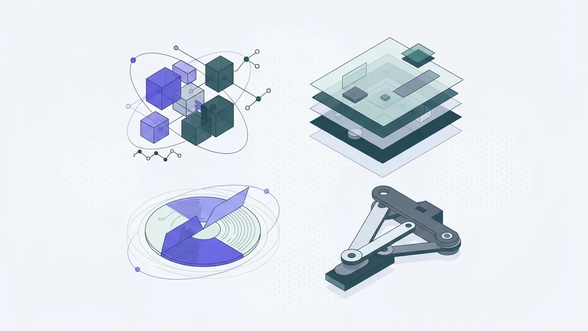 Abstract shapes show code, architecture, documentation, and infrastructure debt