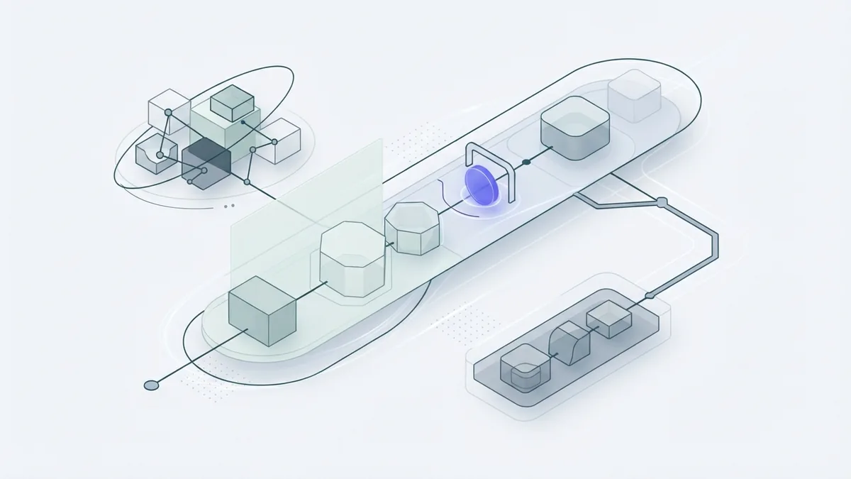 Workflow steps and approval paths Abstract workflow pipeline showing task steps, a human approval point, and an exception route