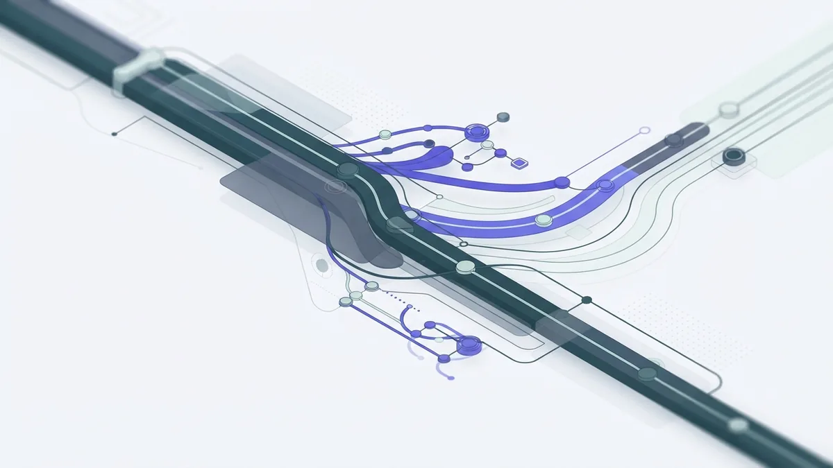 Abstract paths showing when fixed automation and adaptive AI workflows may fit different tasks
