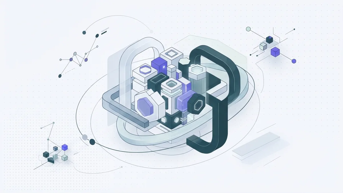 Abstract cooling loops around dense AI server modules on a light background