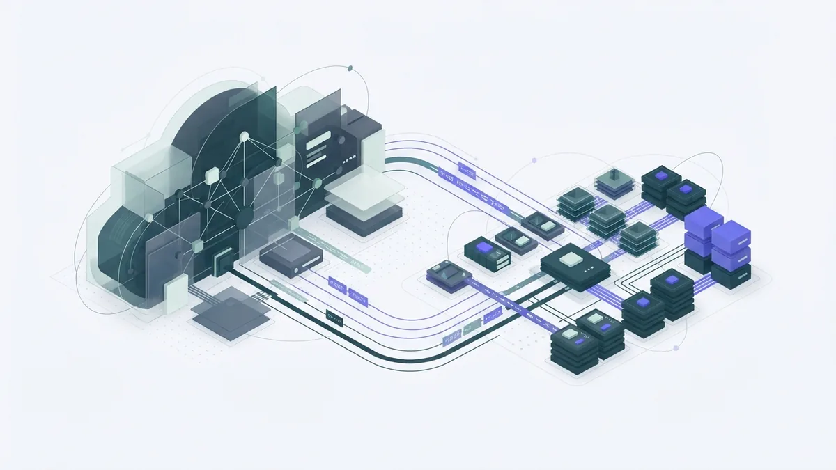 Abstract cloud and neocloud infrastructure clusters linked by data paths