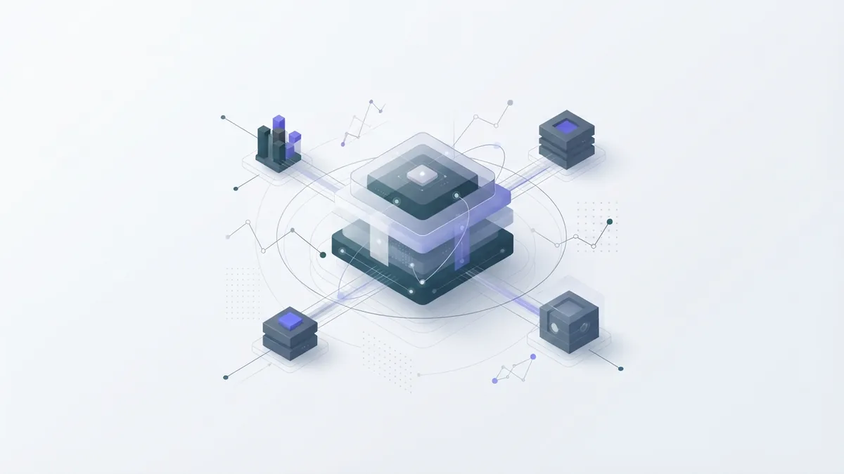 Abstract infrastructure blocks converging around a central AI compute form